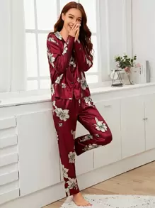 Floral Print Satin PJ Set - Burgundy - View 1
