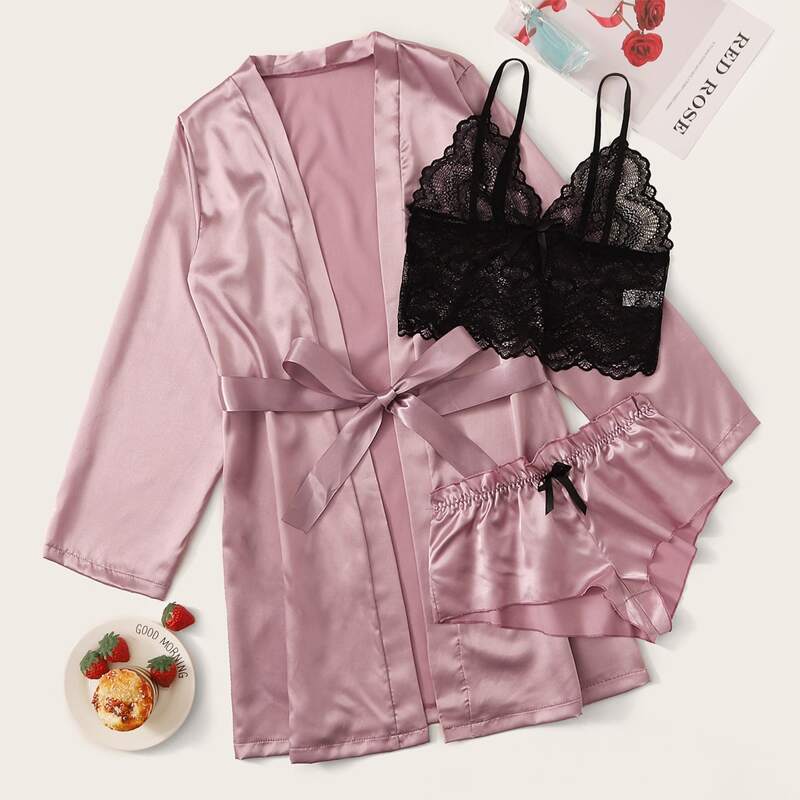 

3pack Contrast Lace Lingerie Set With Belted Robe, Dusty pink