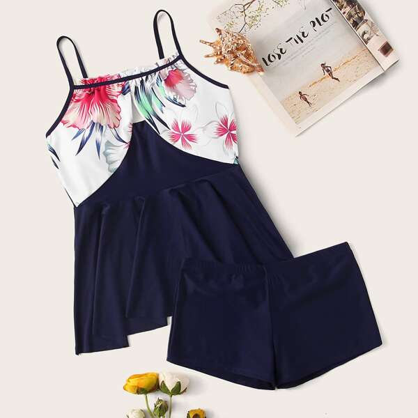 

Floral Random Print Top With Shorts Tankini Set, Navy