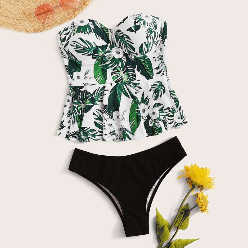 

Tropical Ruffle Trim Bandeau Tankini Set, Multicolor
