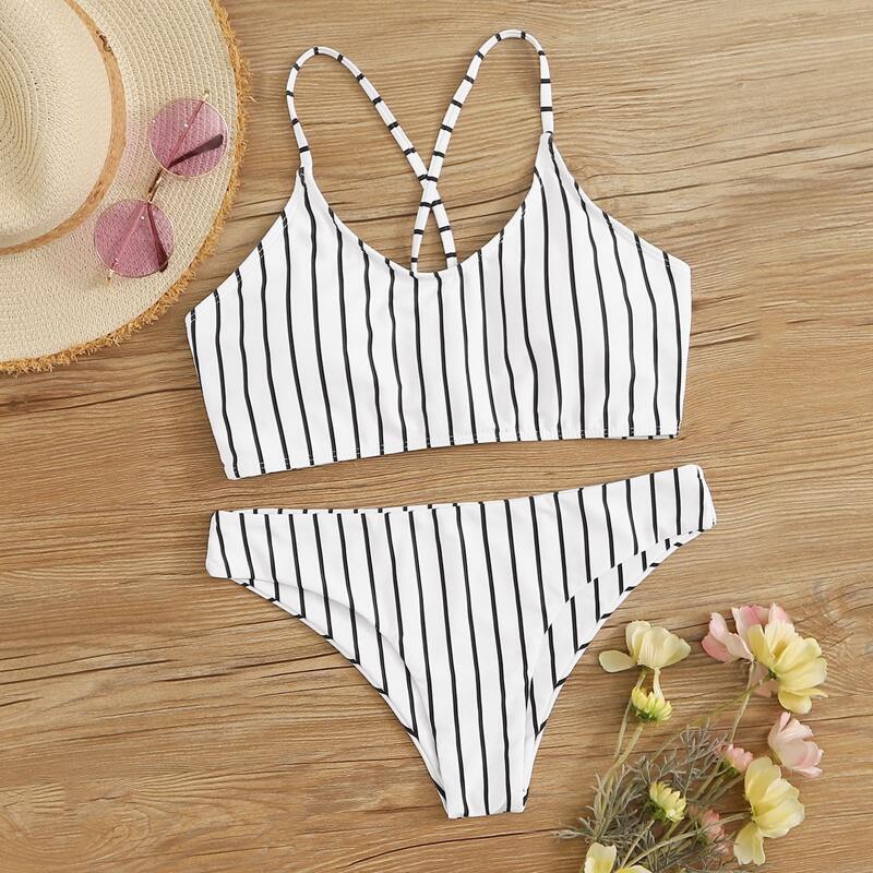 

Striped Lace-up Back Bikini Set, Black and white