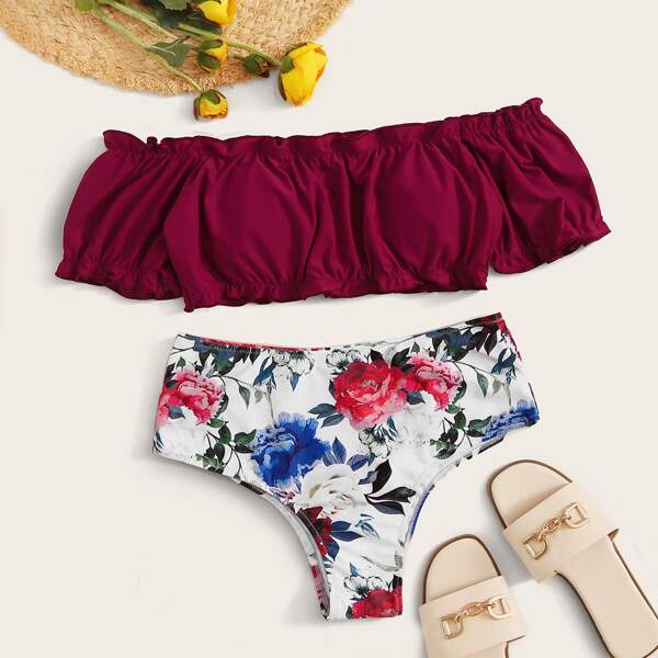 

Frill Trim Bardot With Floral Random Print High Waist Bikini, Multicolor