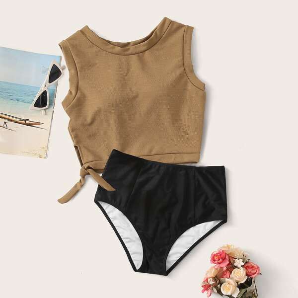 

Textured Knot Hem Top With High Waist Bikini, Multicolor