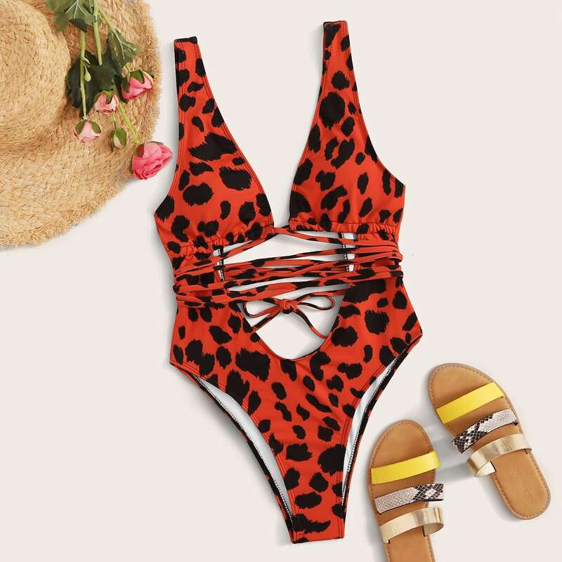 

Leopard Plunge Neck One Piece Swimsuit, Multicolor