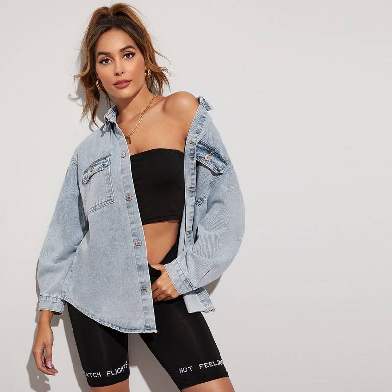 

Light Wash Curved Hem Trucker Denim Jacket, Blue