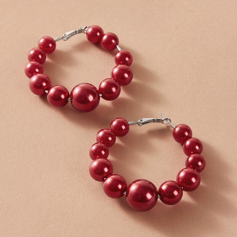 

1pair Beaded Hoop Earrings, Red