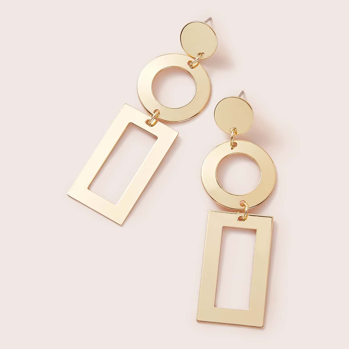

1pair Ring & Open Rectangle Drop Earrings, Gold