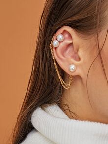 3件套优雅珍珠耳环，女士日常、约会、度假、音乐节、婚礼珍珠耳环 - 金黃色 - 查看 5