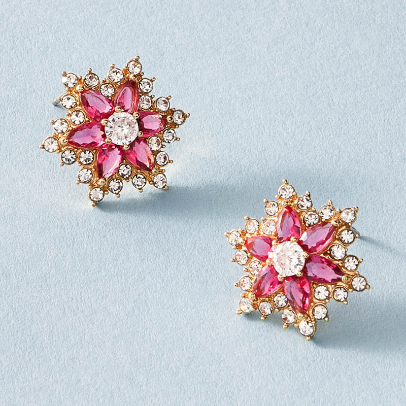 

1pair Rhinestone Engraved Flower Shaped Stud Earrings, Multicolor