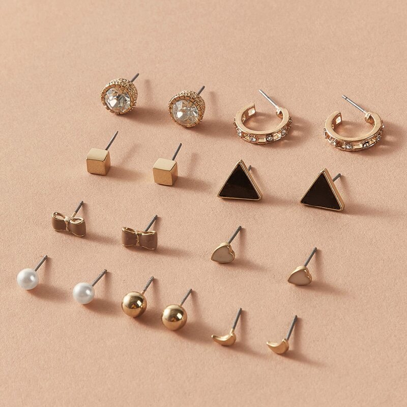 

9pairs Rhinestone & Pearl Decor Earrings, Gold