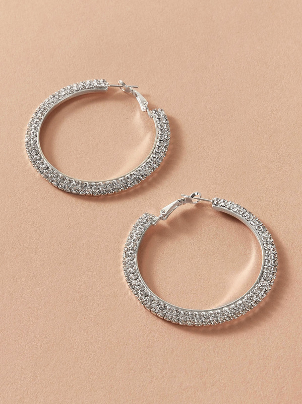 

1pair Rhinestone Engraved Round Hoop Earrings, Silver