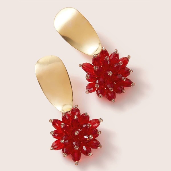 

1pair Metallic Geometric Decor Crystal Flower Drop Earrings, Red