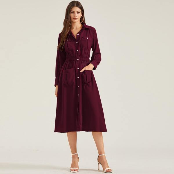 

Button Through Pocket Front Shirt Dress, Burgundy
