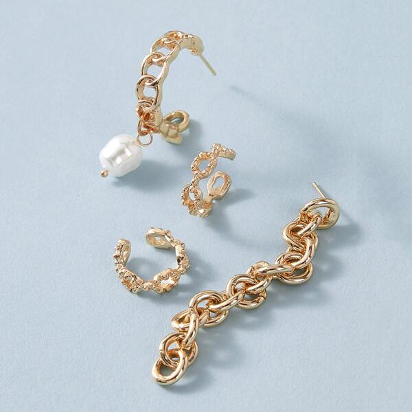 

4pcs Faux Pearl Decor Link Earrings Set, Gold