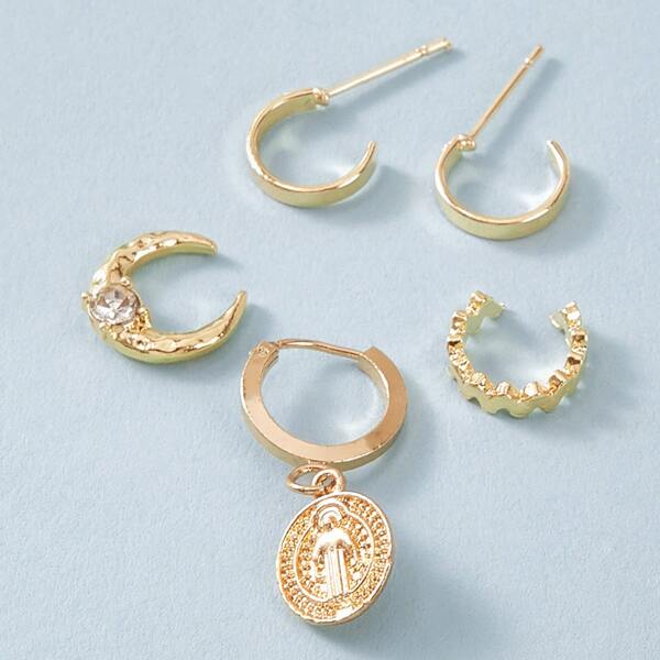 

5pcs Coin & Moon Decor Ear Cuff Set, Gold