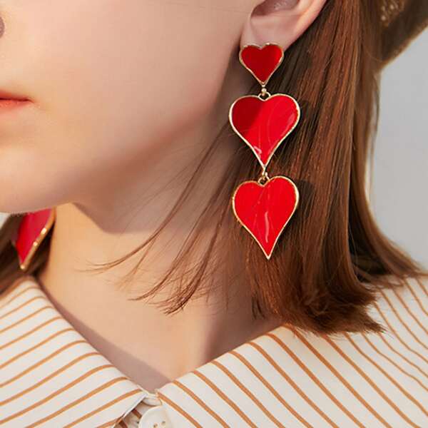 1pair Heart Drop Earrings, Red