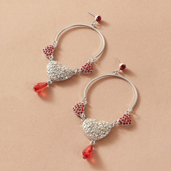 

1pair Rhinestone Engraved Heart Shaped Drop Earrings, Multicolor
