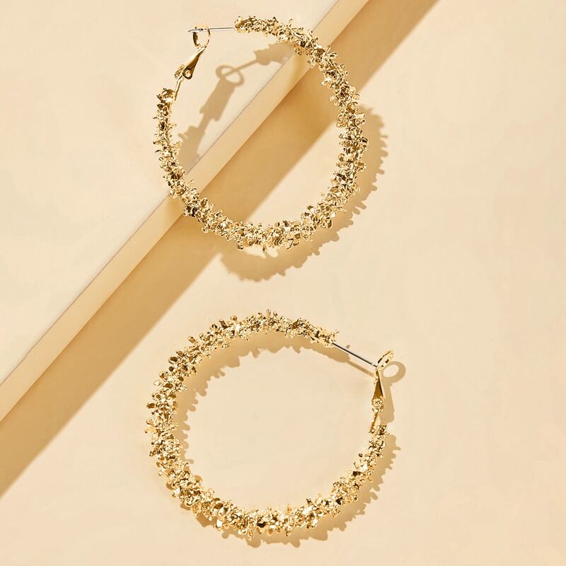 

1pair Textured Round Hoop Earrings, Gold