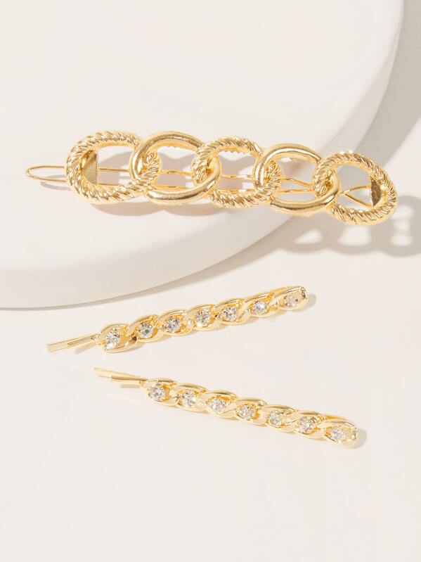 

3pcs Rhinestone Engraved Link Hair Clip, Gold