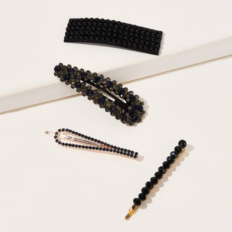 

4pcs Rhinestone Engraved & Bead Decor Hair Clip, Black