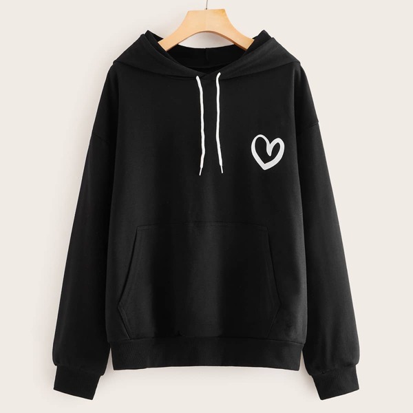 

Heart Print Kangaroo Pocket Drawstring Hoodie, Black