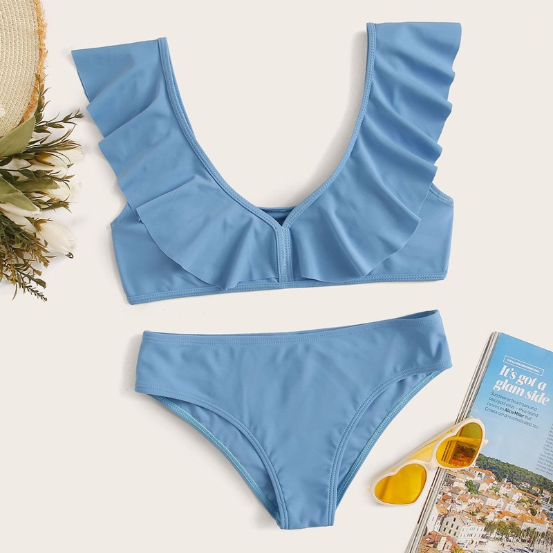 

Ruffle Trim Bikini Set, Blue