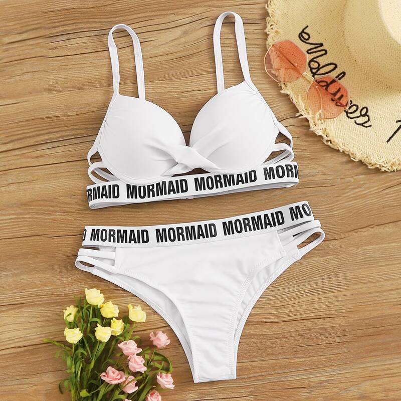 

Letter Tape Cut-out Bikini Set, White