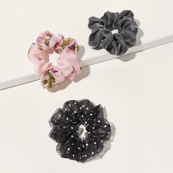 

3pcs Polka Dot & Floral Pattern Scrunchie, Multicolor