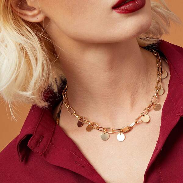 

1pc Christmas Disc Charm Chain Necklace, Gold