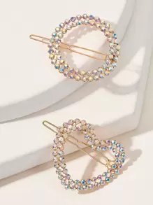 2pcs Rhinestone Decor Heart & Round Hair Clip