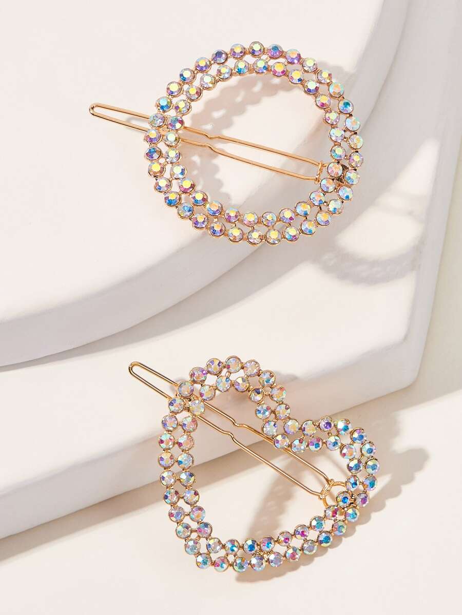 2pcs Rhinestone Decor Heart & Round Hair Clip