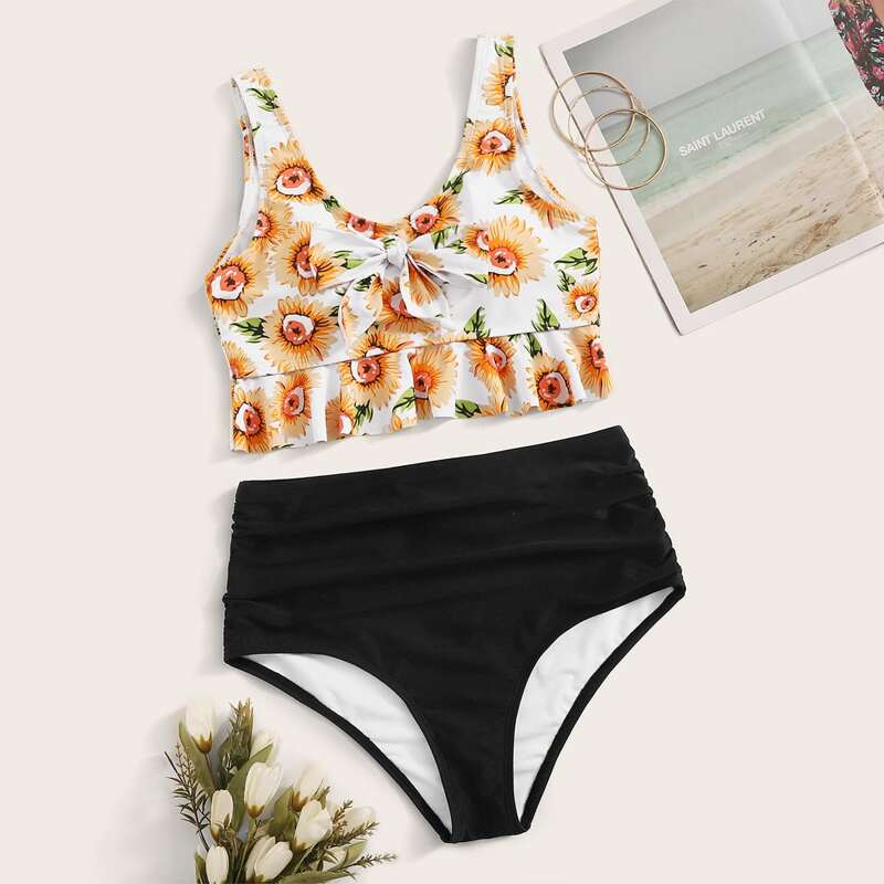 

Sunflower Print Ruffle Top With High Waist Bikini Set, Multicolor