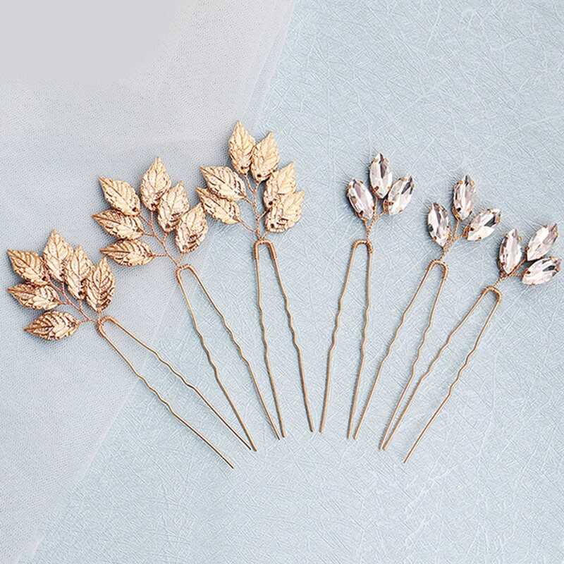 

6pcs Rhinestone & Leaf Decor Hairpin, Gold