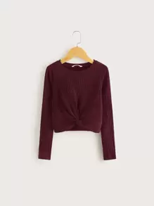 SHEIN Girls Twist Front Rib-knit Tee - Burgundy - View 1