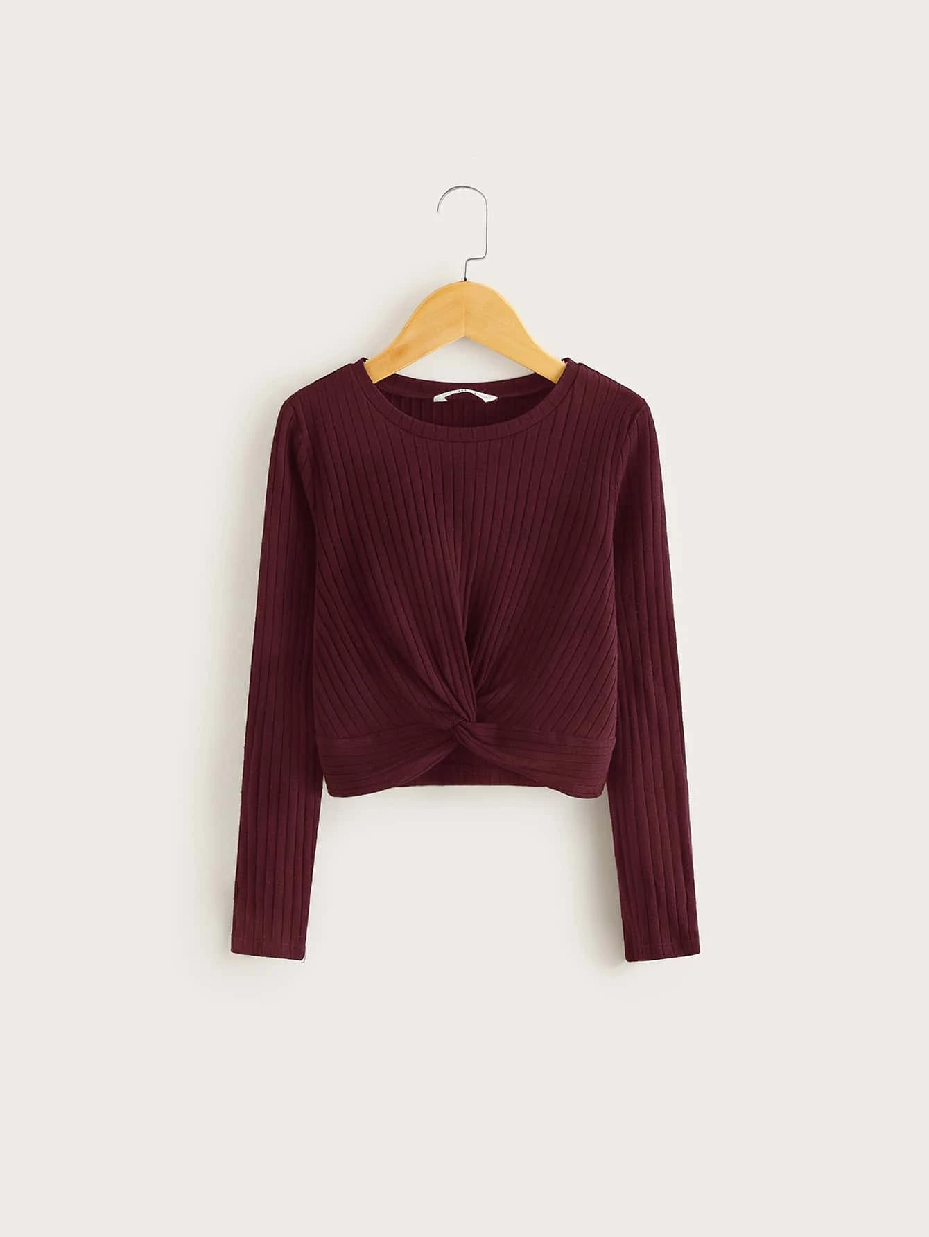 SHEIN Girls Twist Front Rib-knit Tee - Burgundy - View 1
