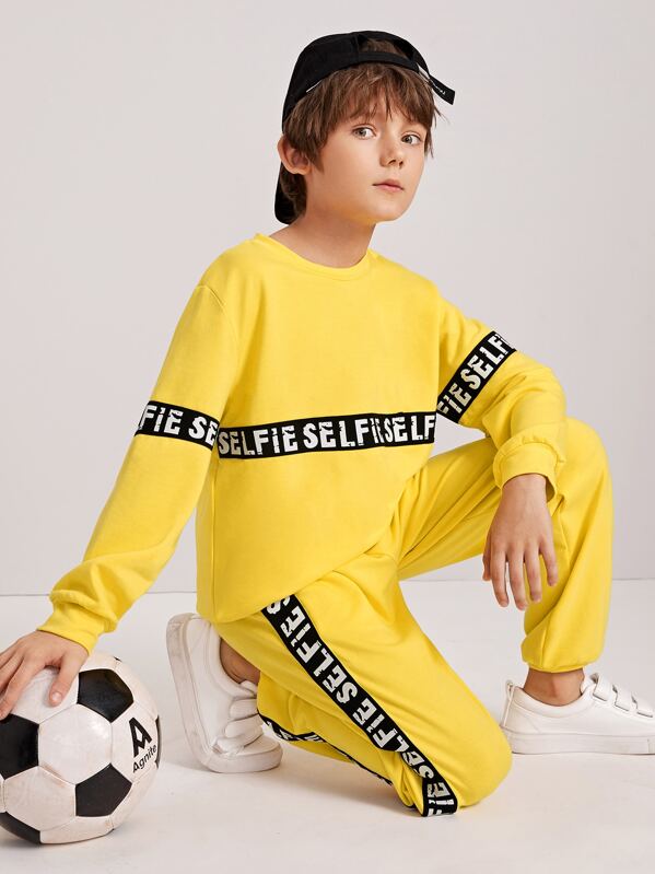 

Boys Letter Tape Pullover & Sweatpants Set, Yellow, Bogdan