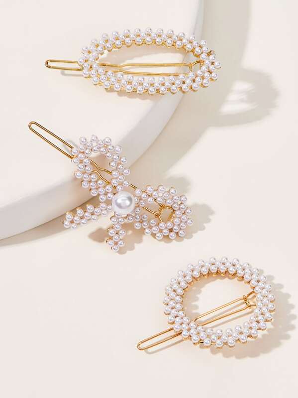 

3pcs Faux Pearl Beaded Bow Knot Hair Clip, Gold