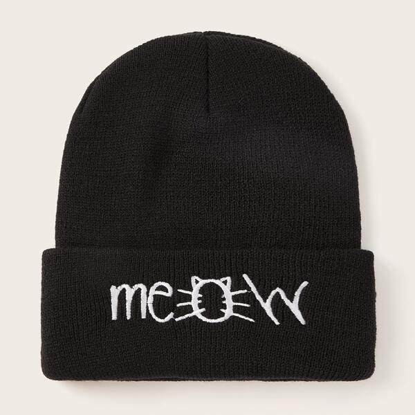 

Men Letter Embroidery Cuff Beanie, Black