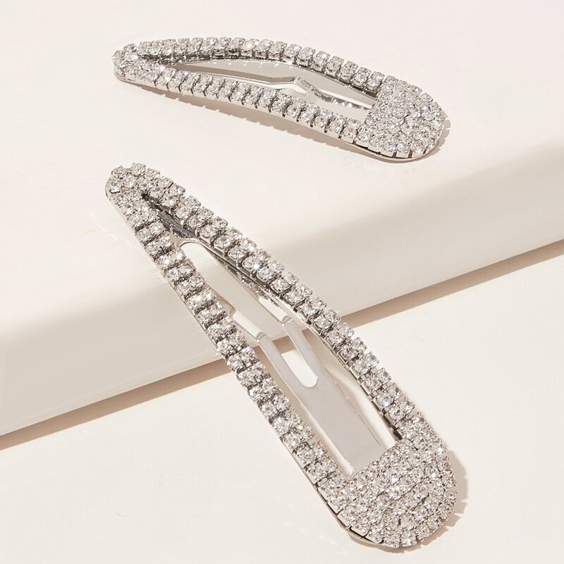 

2pcs Rhinestone Decor Hair Snap Clip, Silver