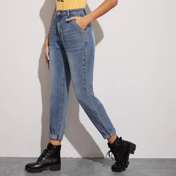

Bleach Wash Mom Jeans, Navy blue