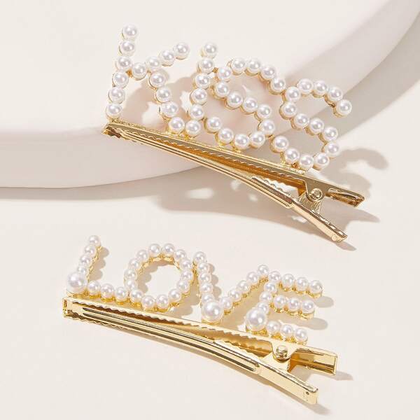 

2pcs Faux Pearl Beaded Letter Design Hair Clip, Gold