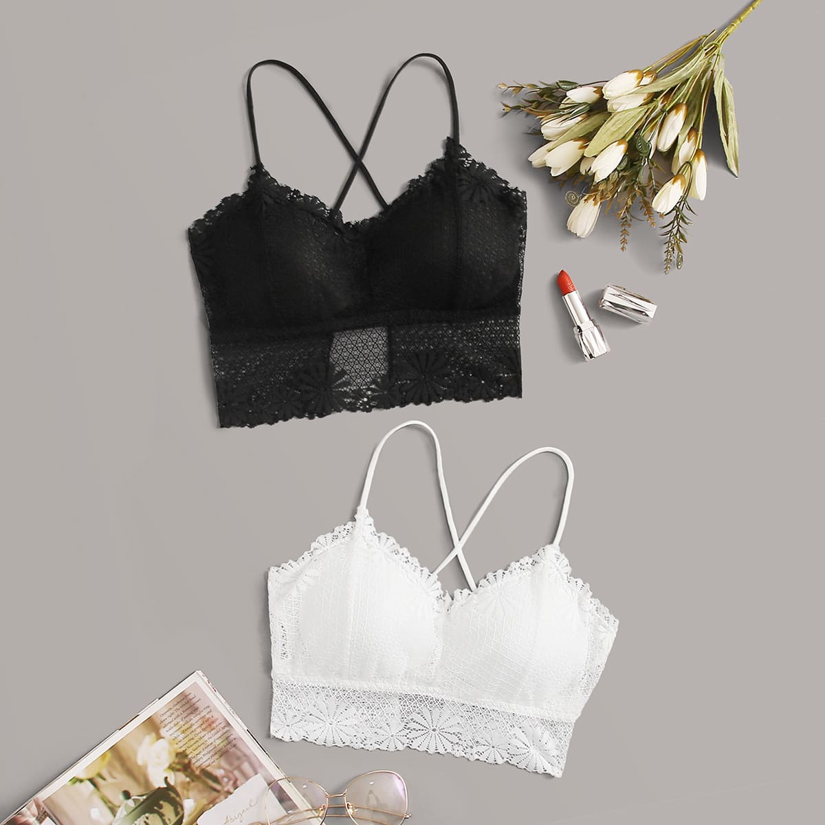 

2pack Floral Lace Criss Cross Back Bralette, Black and white