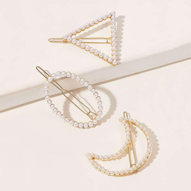 

3pcs Faux Pearl Beaded Moon & Triangle Design Hair Clip, Gold