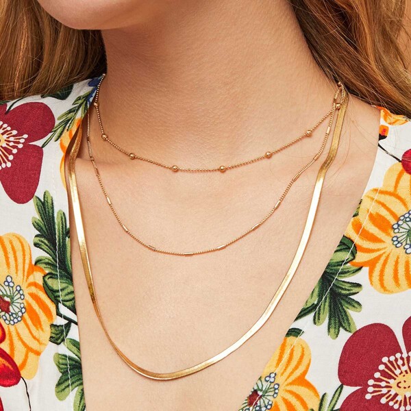 

1pc Textured Layered Necklace, Gold