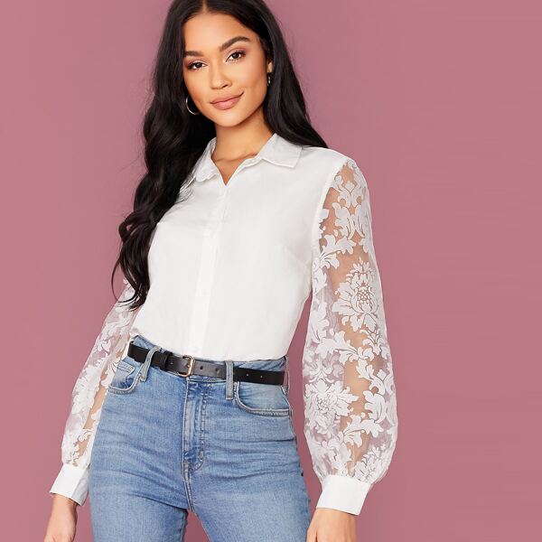 

Floral Organza Sleeve Button Front Blouse, White