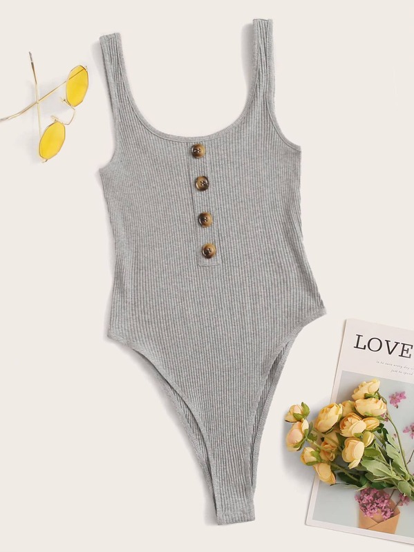 

Button Front Rib-knit Tank Bodysuit, Grey