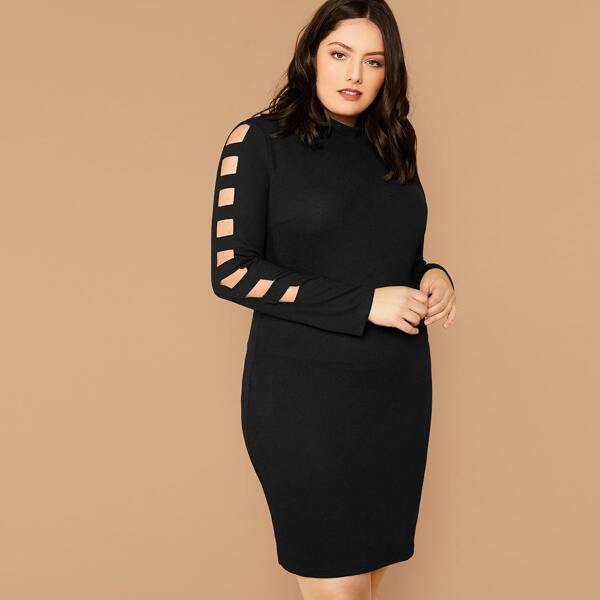 

Plus Mock Neck Ladder Cutout Sleeve Fitted Dress, Black