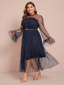 SHEIN Unity Plus Frill Trim Star Mesh Overlay Dress Without Belt