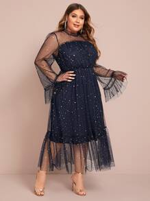 SHEIN Unity Plus Frill Trim Star Mesh Overlay Dress Without Belt