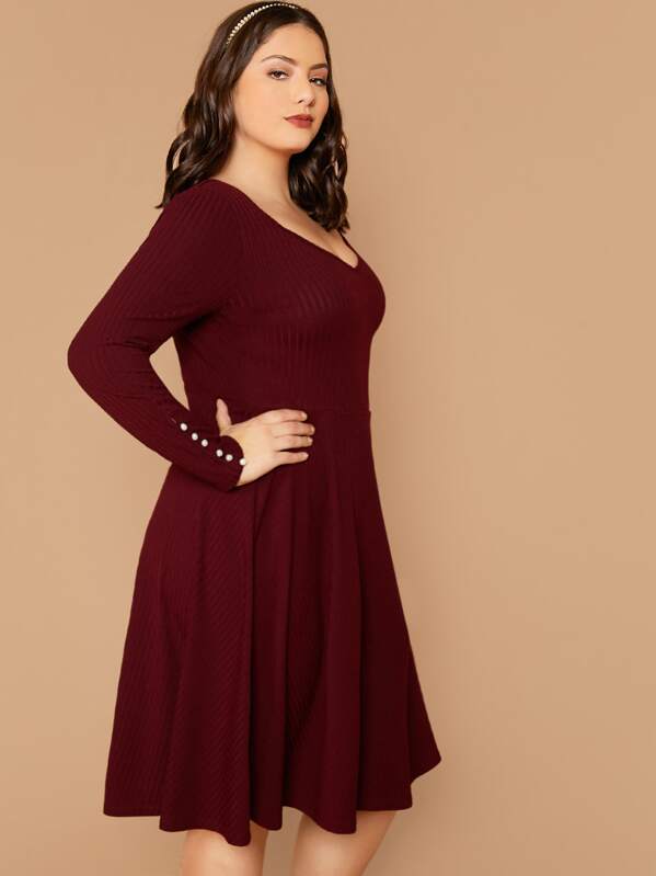 

Plus Pearls Cuff Rib-knit Dress, Burgundy, Marcelle Pallais